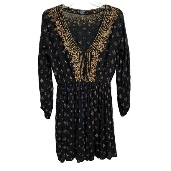 Volcom Champain Trail Mini Dress Size S Boho Folksy Black Gold Embroidered Rodeo - Picture 4 of 16